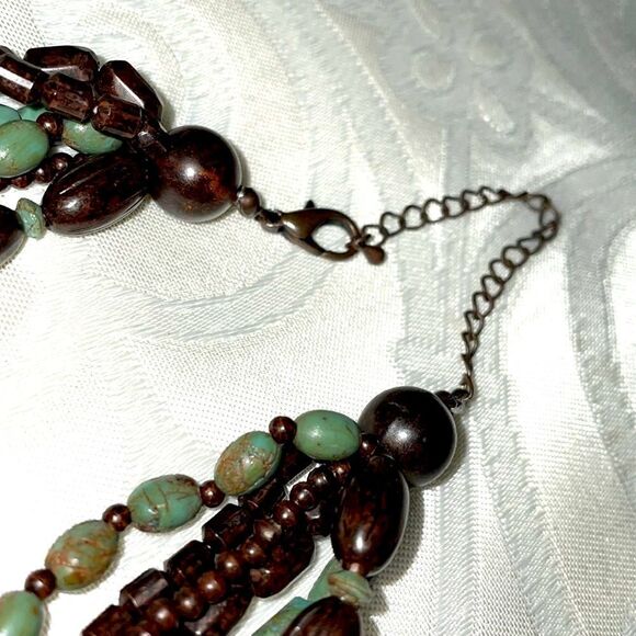 Multi-strand faux turquoise pendant adjustable necklace of browns and blue green - Picture 5 of 6